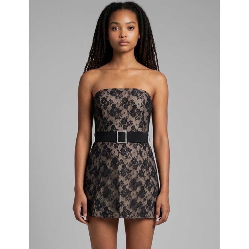 Amanda Uprichard Strapless Lace Dress Black Nude M Mini Party Cocktail Zip